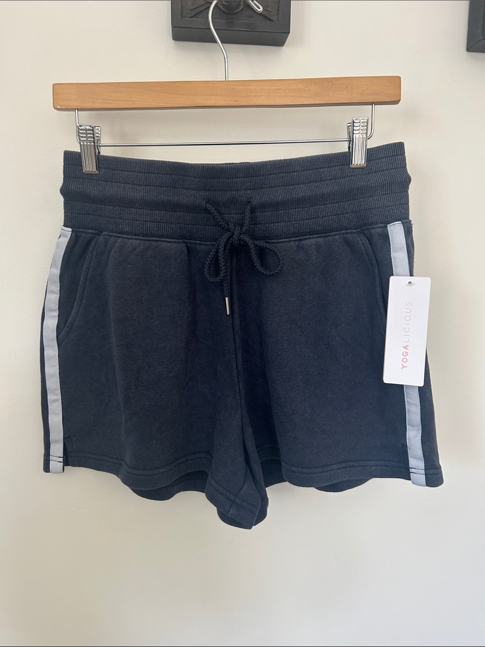 Yogalicious Navy Blue Terry Athletic Shorts with White Side Stripes - Picture 7 of 8